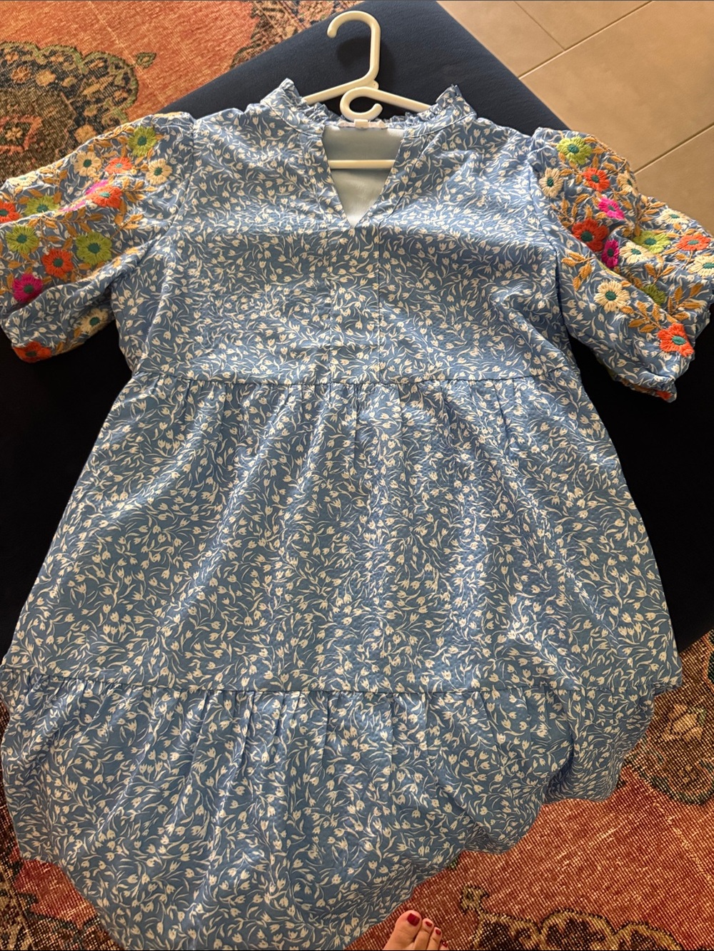 THML Blue Floral Print lined womens Dress with Embroidered Puff Sleeves